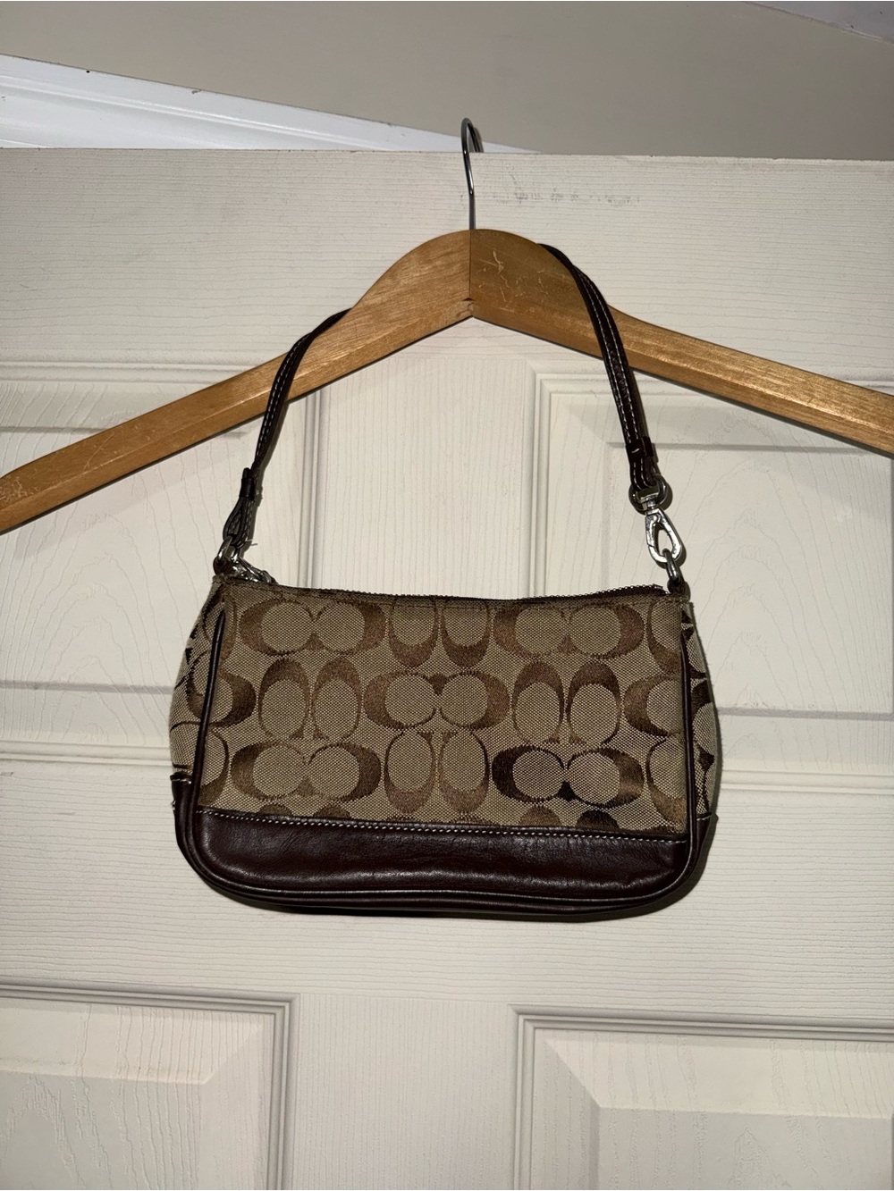Coach Brown Signature Jacquard Shoulder Bag with Dark Brown Leather Trim